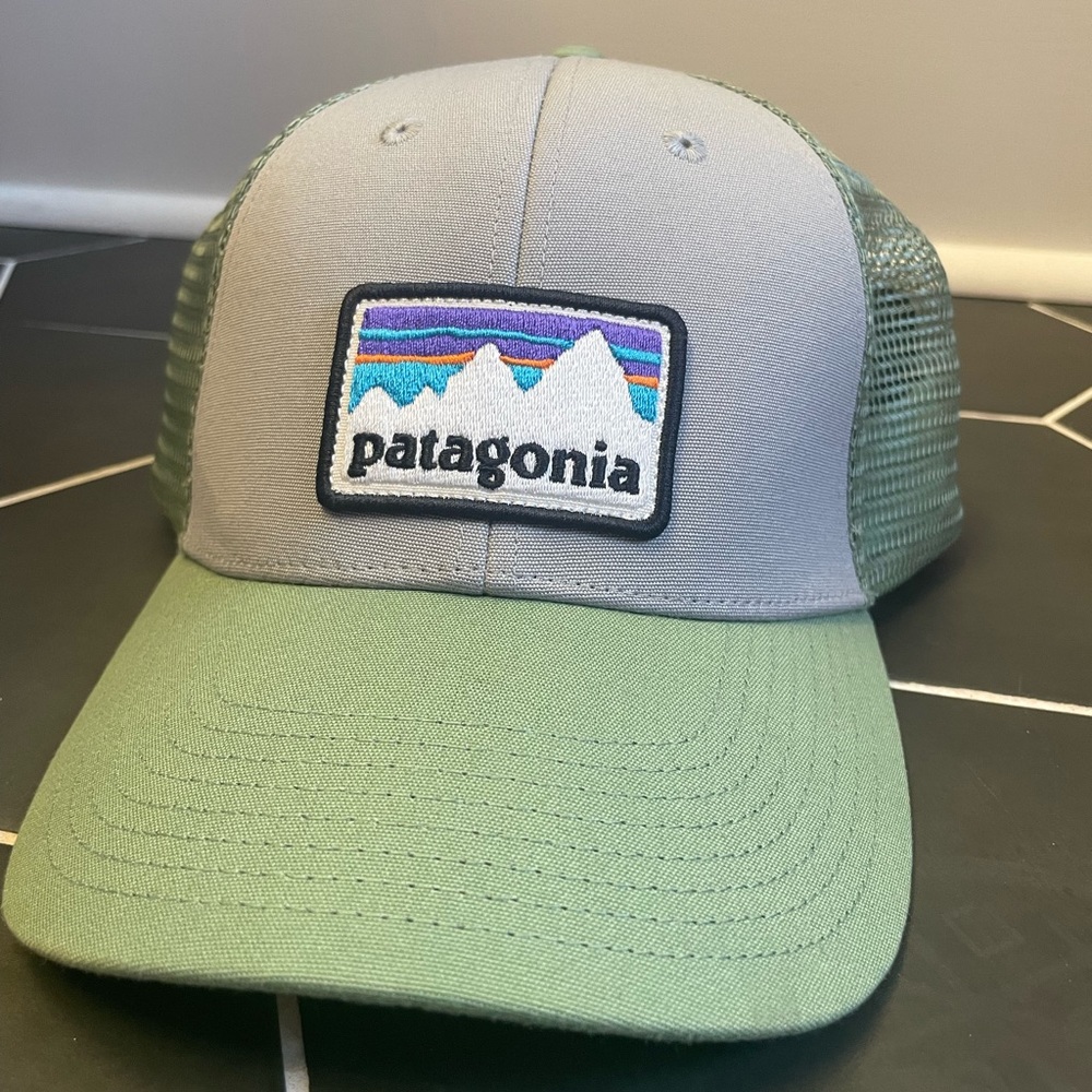 Green and gray Patagonia trucker hat. Snap back adjustable closure. Never worn!